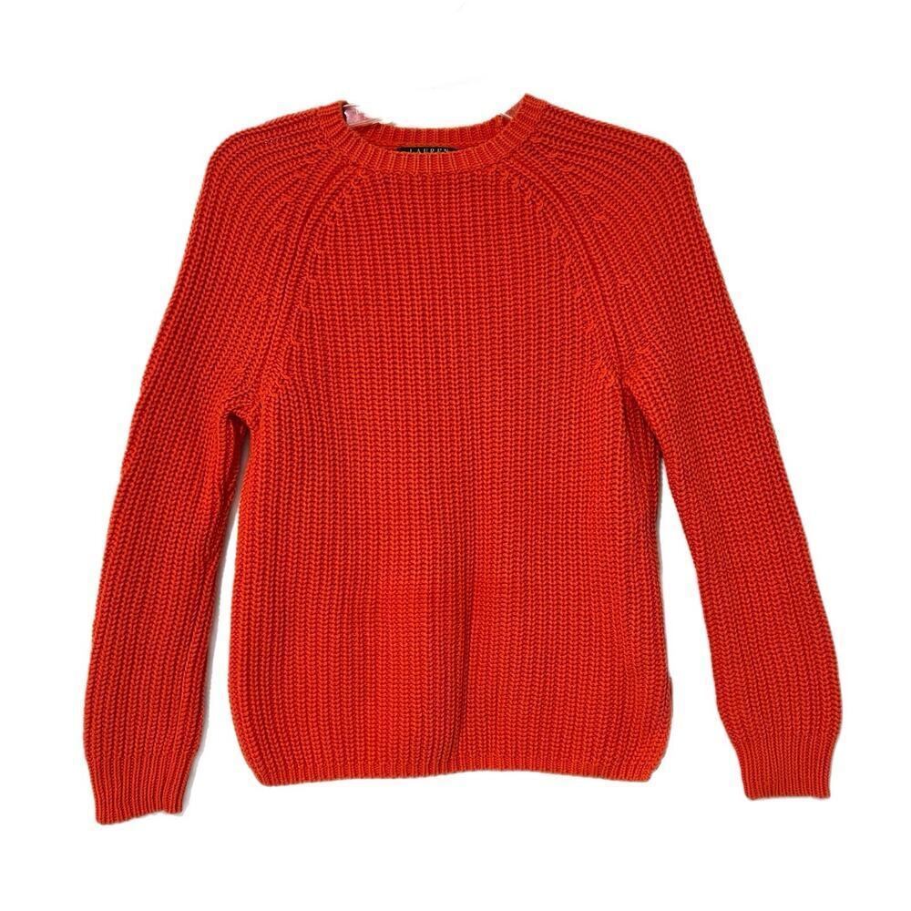 Lauren Ralph Lauren Chunky Knit Pullover Sweater Women PM Orange Fisherman